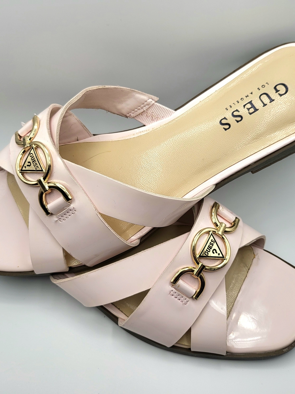 GUESS Blush Pink Patent Leather Gold Logo Slide Sandals - Size 8